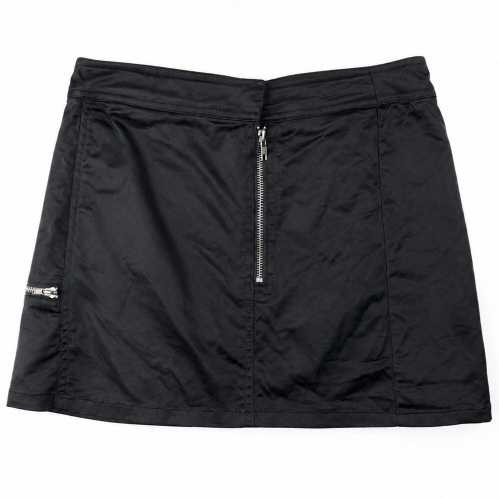 Y2K Black Satin Zip Front Mini Skirt | Low Rise Cargo Style | Size Medium